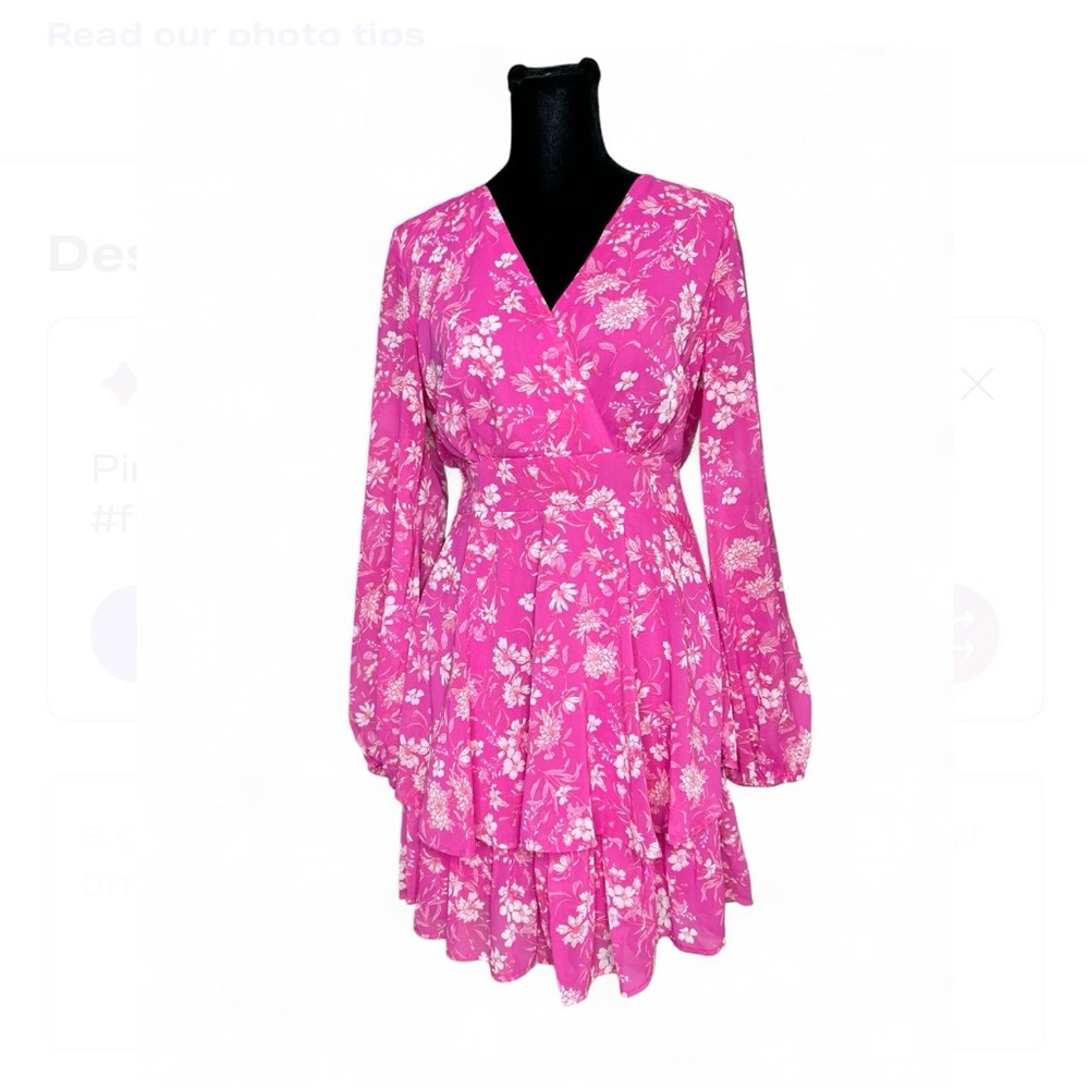 JAPNA Pink Dress M, With Ruffle Details Long Sleeve Elastic & Straps Waist VNeck